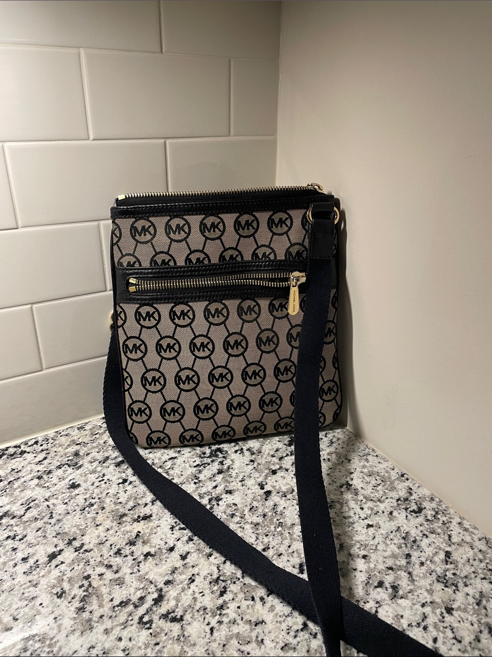 Michael Kors Beige and Black MK Logo Crossbody Belt Bag
